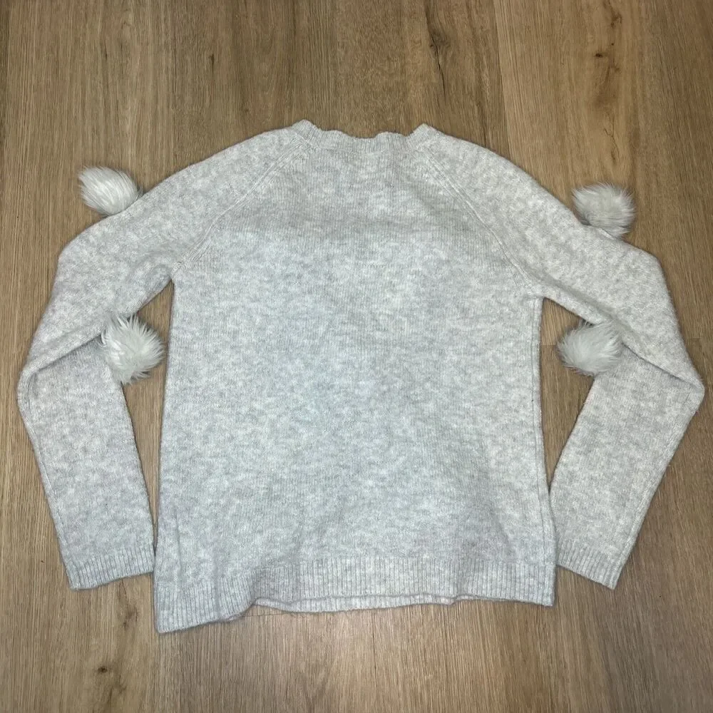 Tucker + Tate Girls Medium 8/10 Gray Pullover Sweater Wool Fuzzy Pom poms Soft